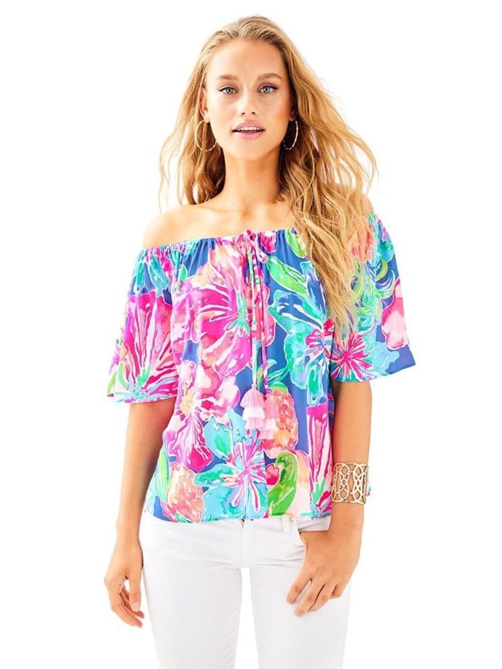 Lilly Pulitzer Off-Shoulder Floral Top in Pink, Blue & Green